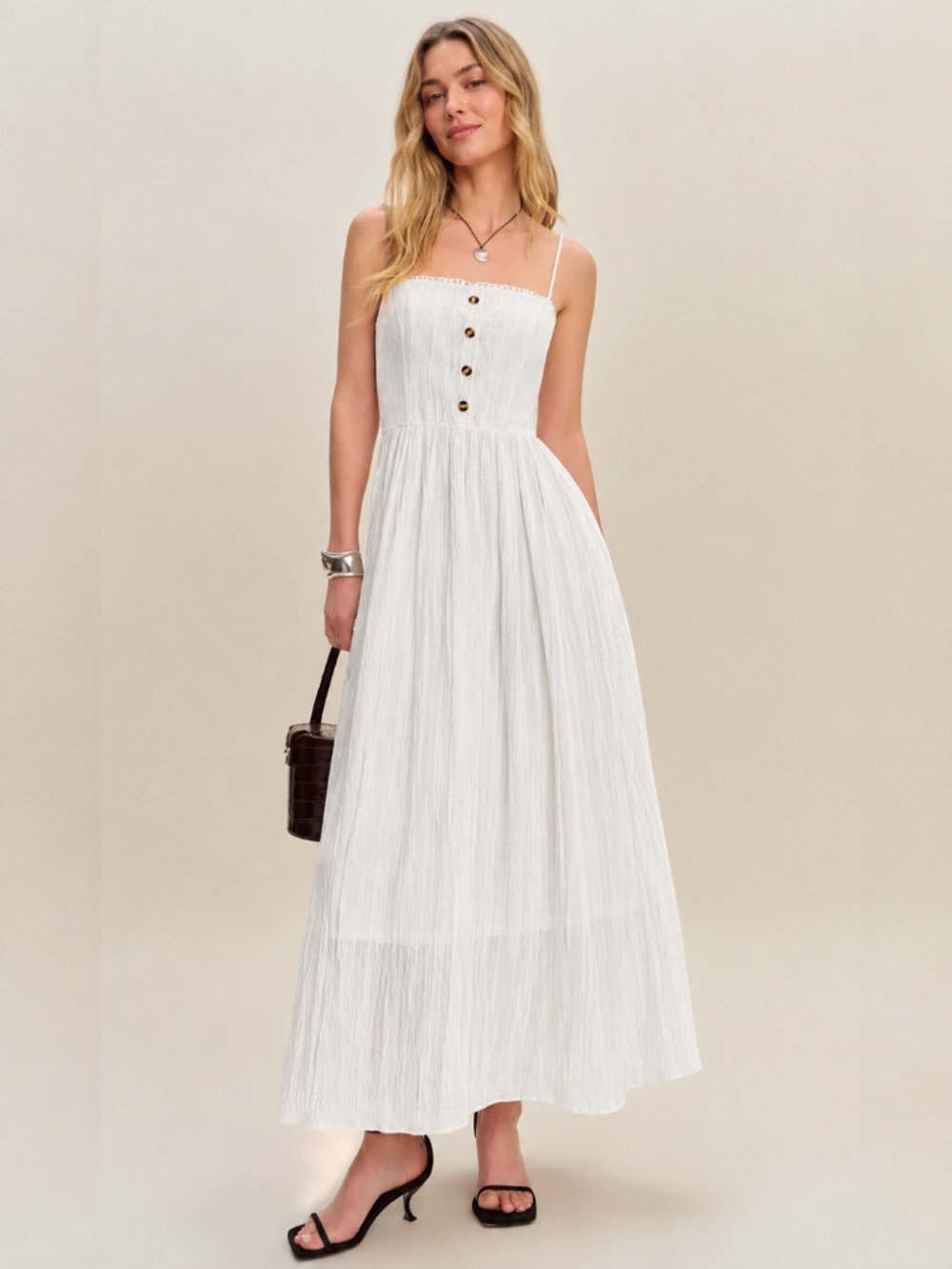 Resort Chic White Spaghetti Strap Crinkle Gauze Maxi Dress Crochet Trim XL